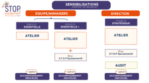 Support visuel proposant différentes formule de prévention de l'épuisement par des ateliers de sensibilisation il y a des carrés, des titres en orange foncé et bleu foncé. Ce sont les couleurs de Shem's, centre de prévention du burn-out